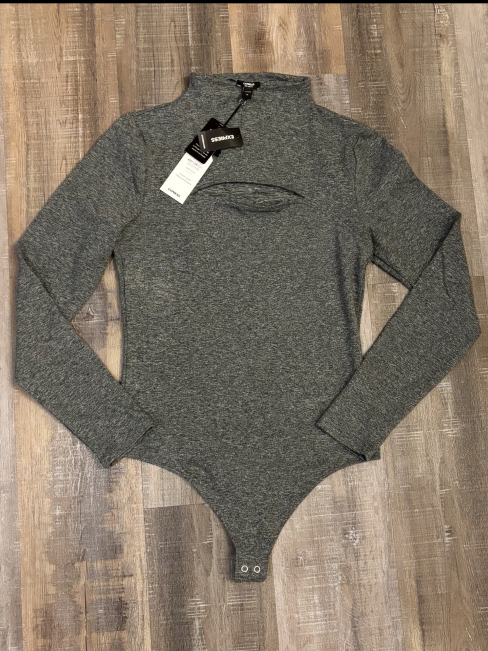 NWT Express Body Contour Cozy Mock Neck Cutout Long Sleeve Bodysuit Gray Size M